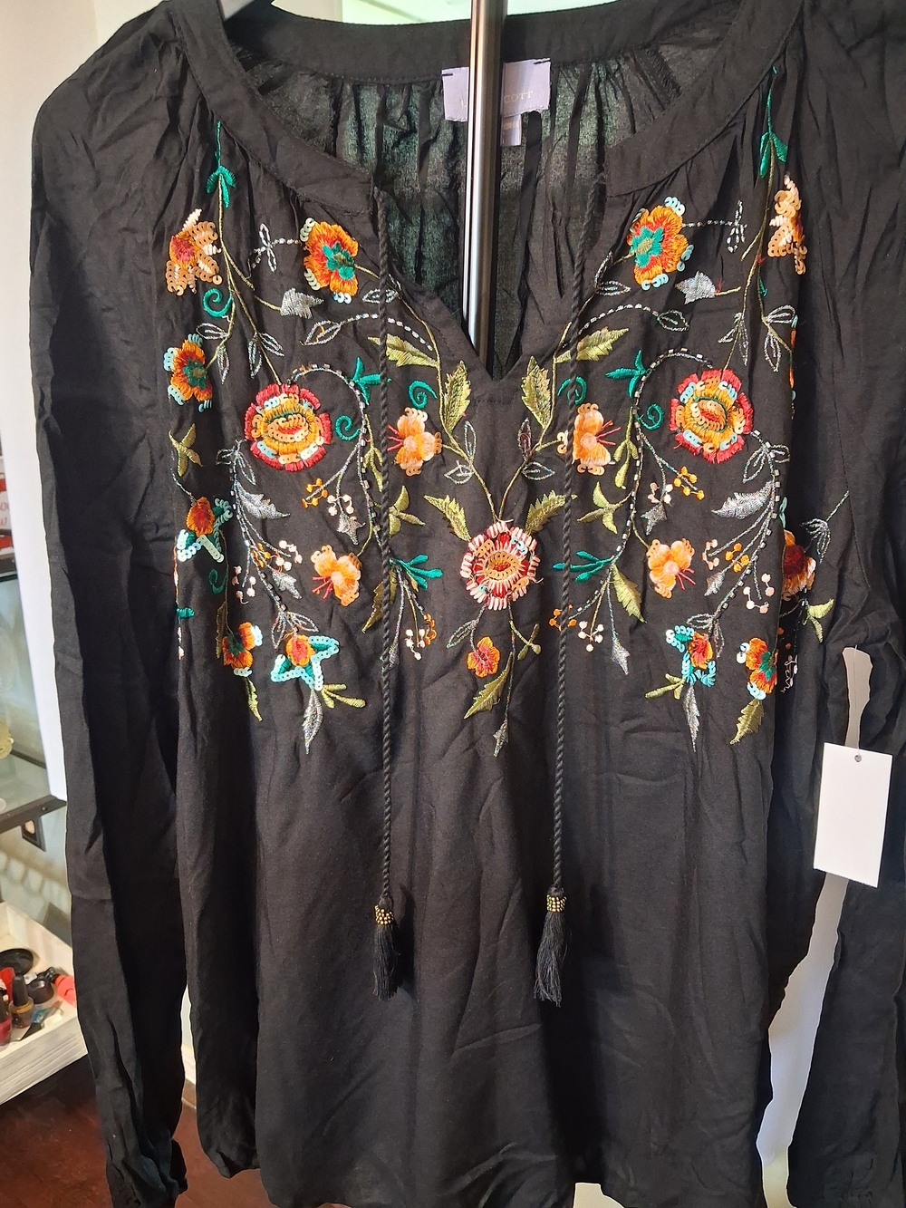 Laura Scott Black Embroidered Peasant Tunic with Multicolor Floral Detail